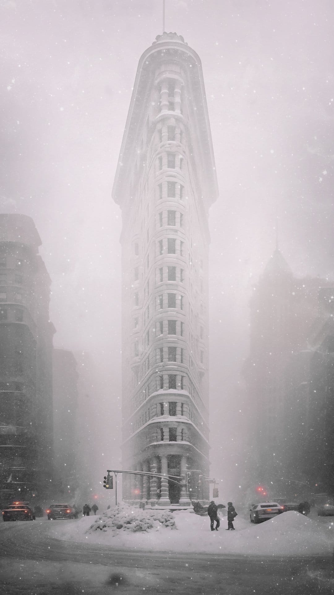 Flatiron Building stands amidst a dense New York City snowstorm with blurred pedestrians and hazy city streets.