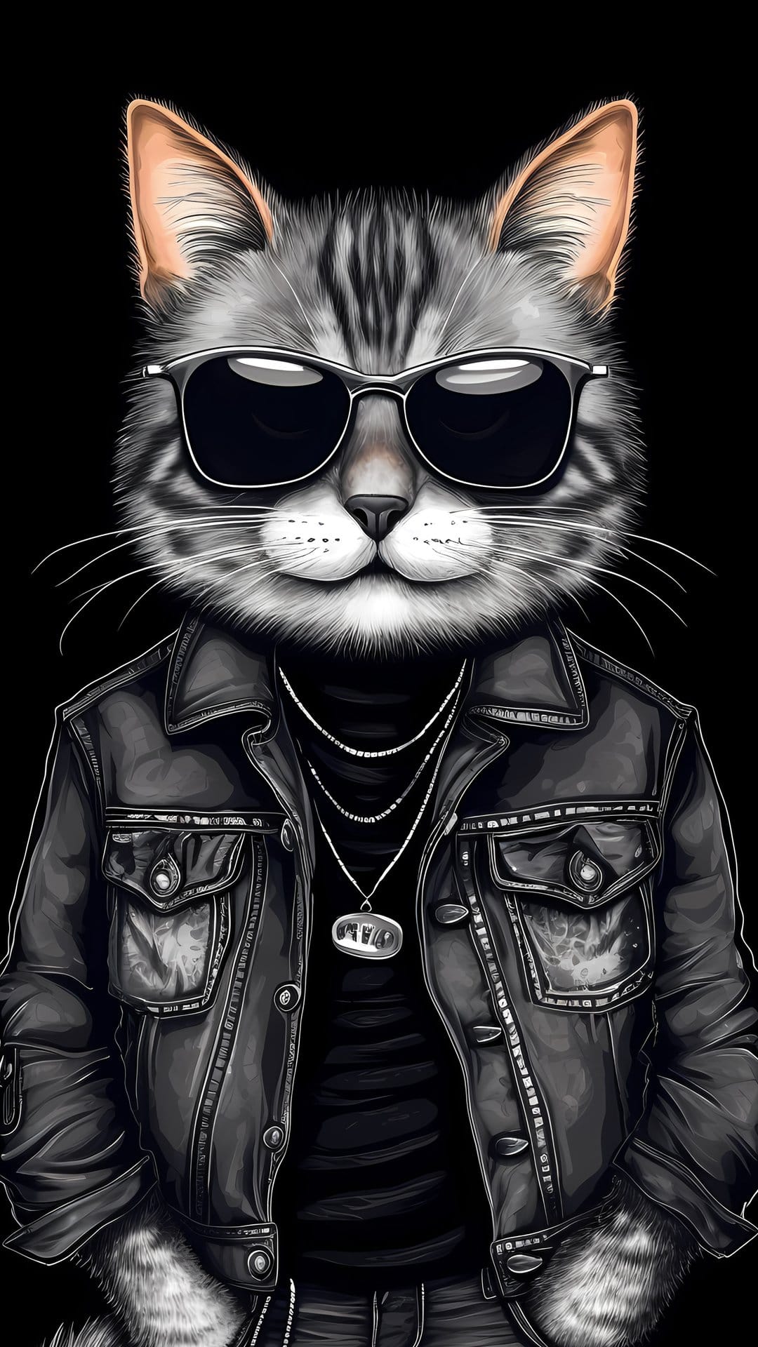Gray tabby cat wearing dark sunglasses, a black leather jacket, and silver necklaces against a black background.