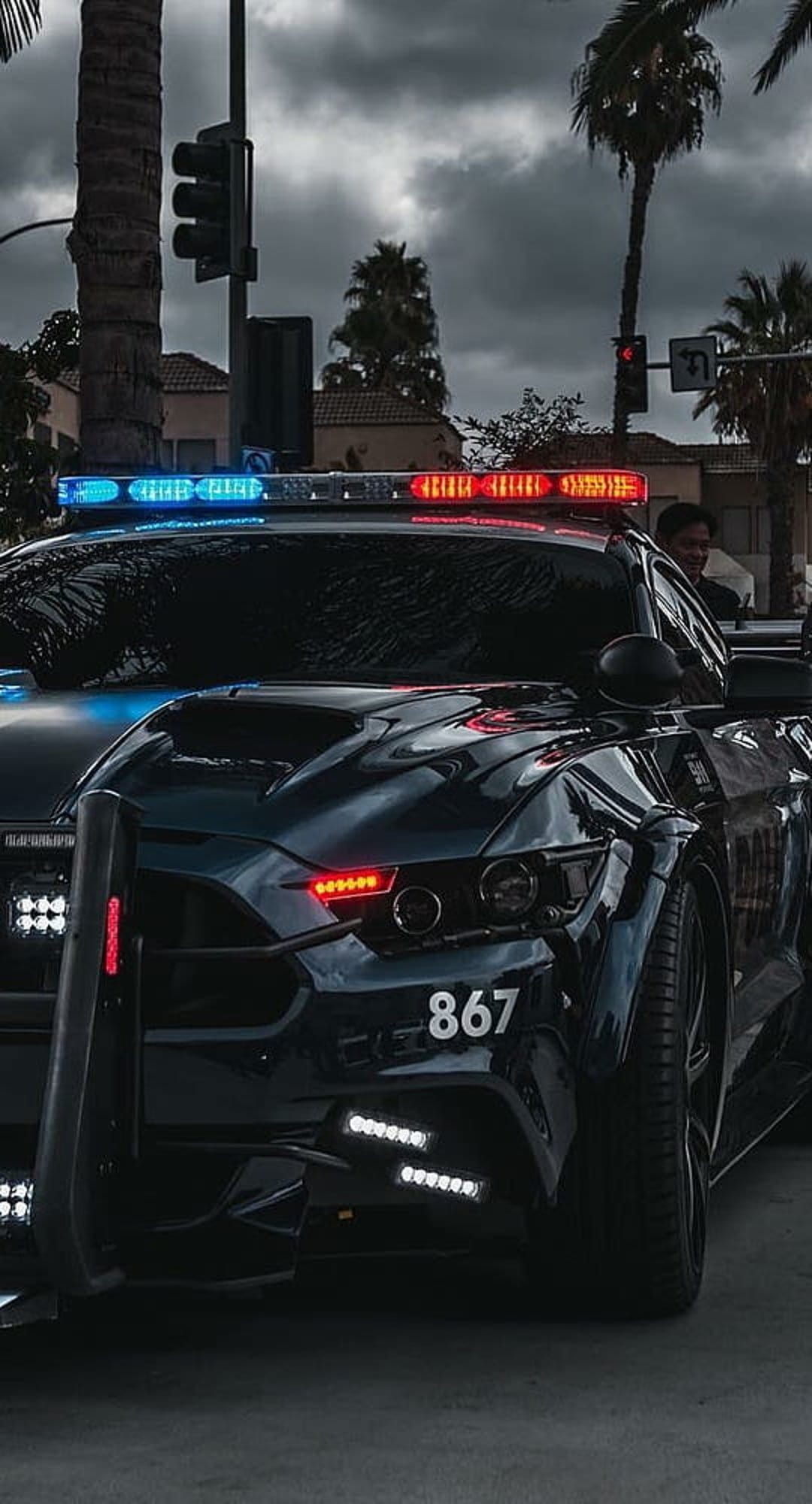Black police Mustang with a glowing red and blue light bar on a palm-lined street under a cloudy sky.