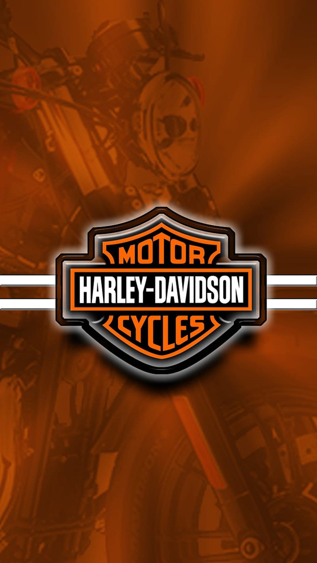 Harley-Davidson logo layered over a vintage motorcycle engine with warm orange lighting and chrome details.