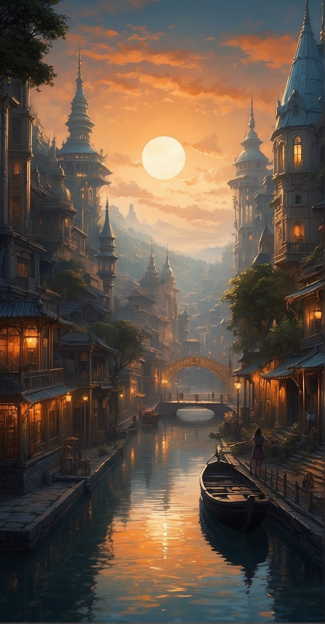 Gothic buildings line a glowing sunset canal under a large full moon with a single boat reflecting in the water.