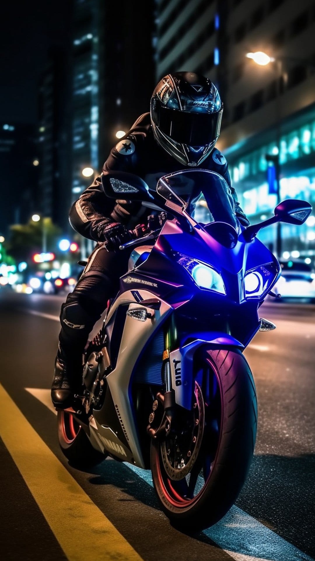 Sportbike rider in full gear maneuvers through a glowing city at night with bright blue headlights on the road.