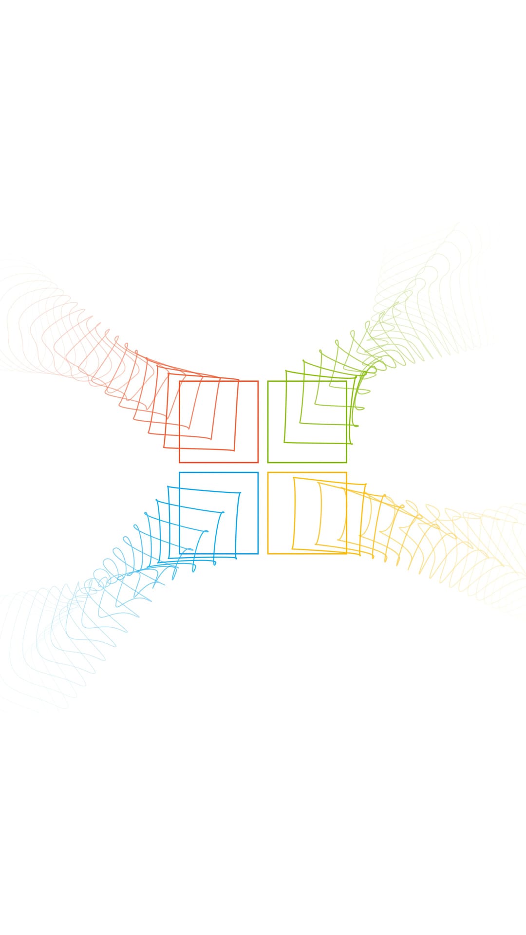 Four colorful squares arranged in a diamond shape with swirling light trails on a solid white background.