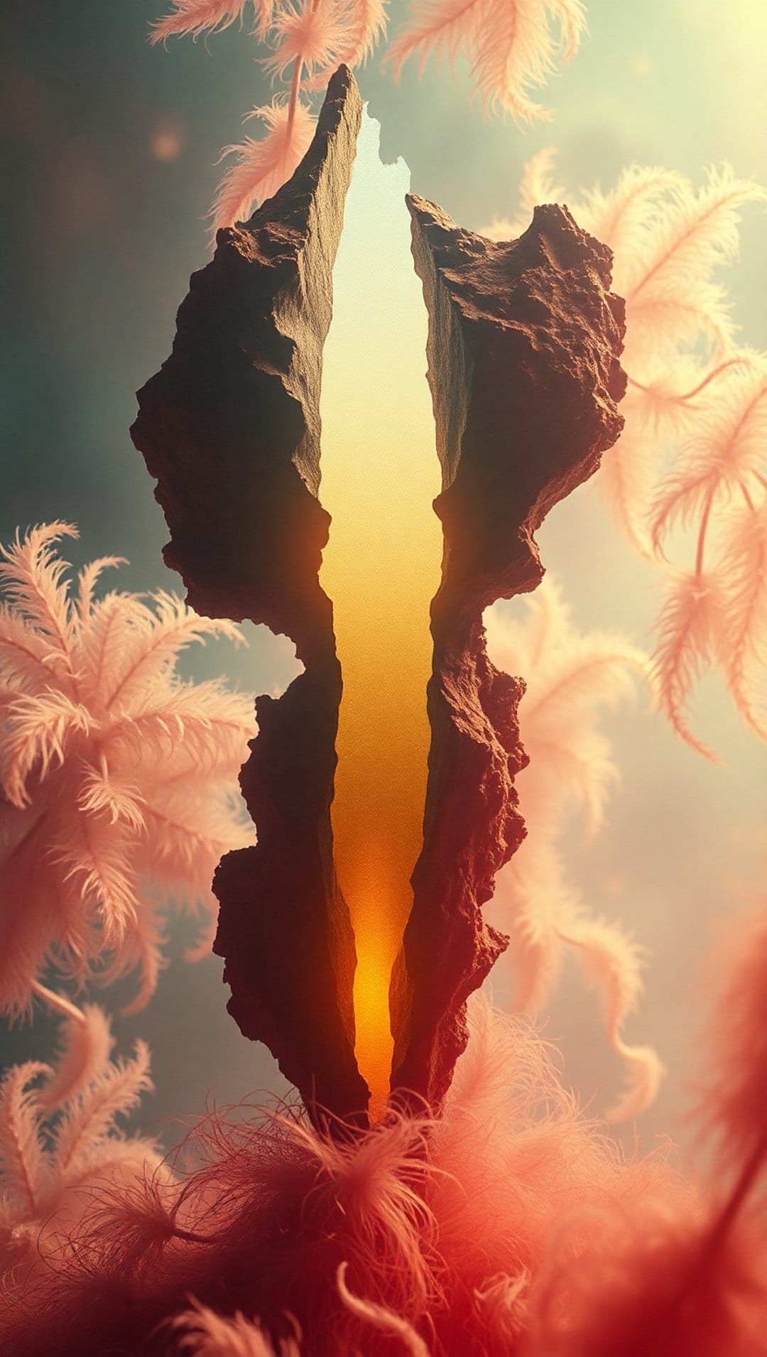 Fractured dark rock with a golden interior light surrounded by soft pink feathers under a teal and hazy sky.