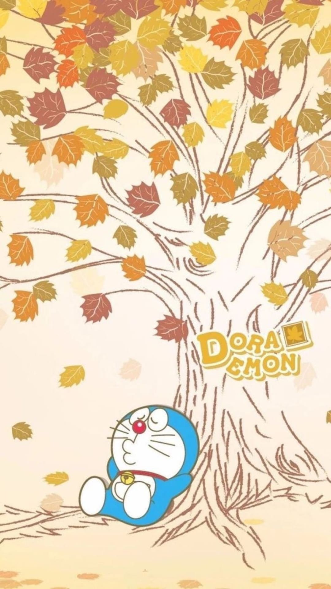 Doraemon sits calmly under a large tree with bright orange falling leaves and a warm seasonal background glow.