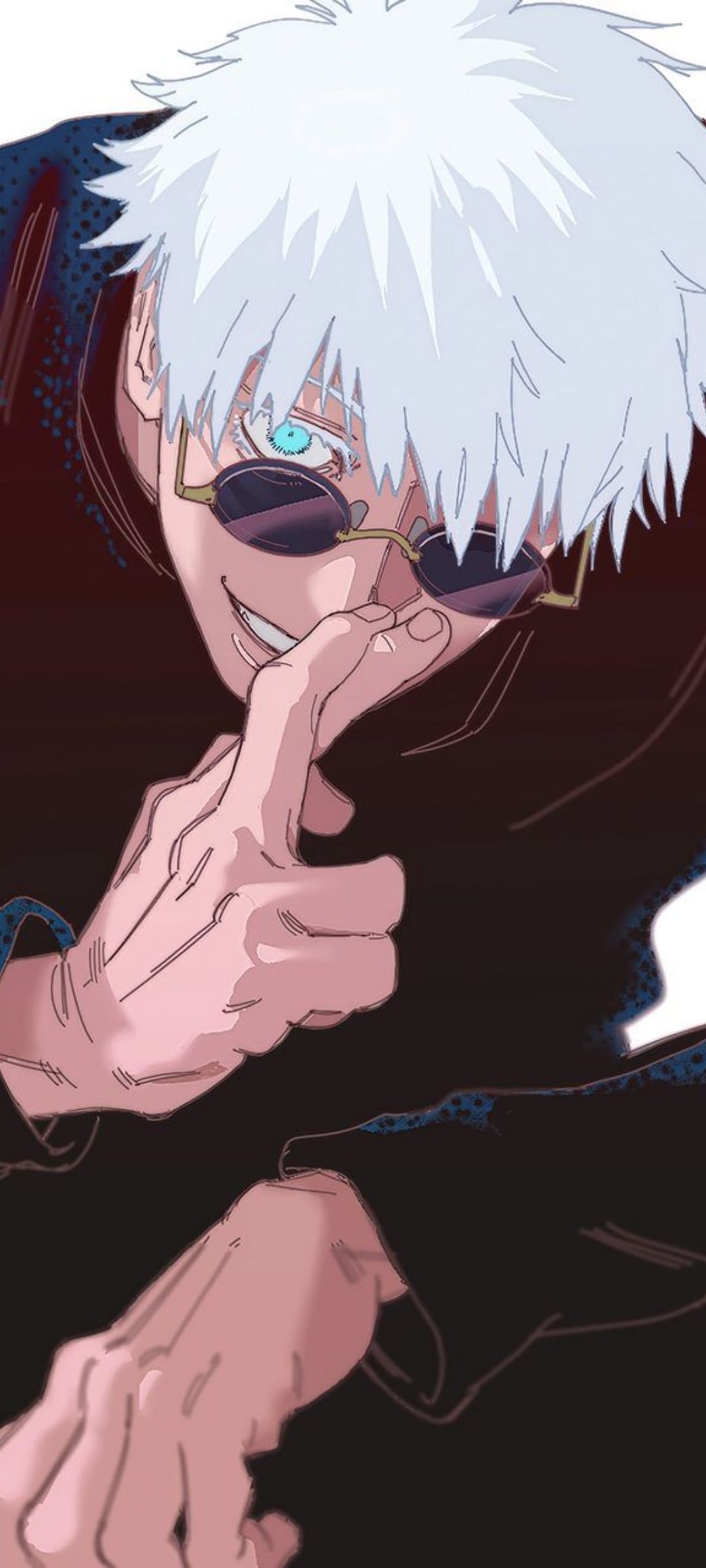 Gojo Satoru smirks behind black sunglasses, revealing bright blue eyes and white hair with fingers posed.