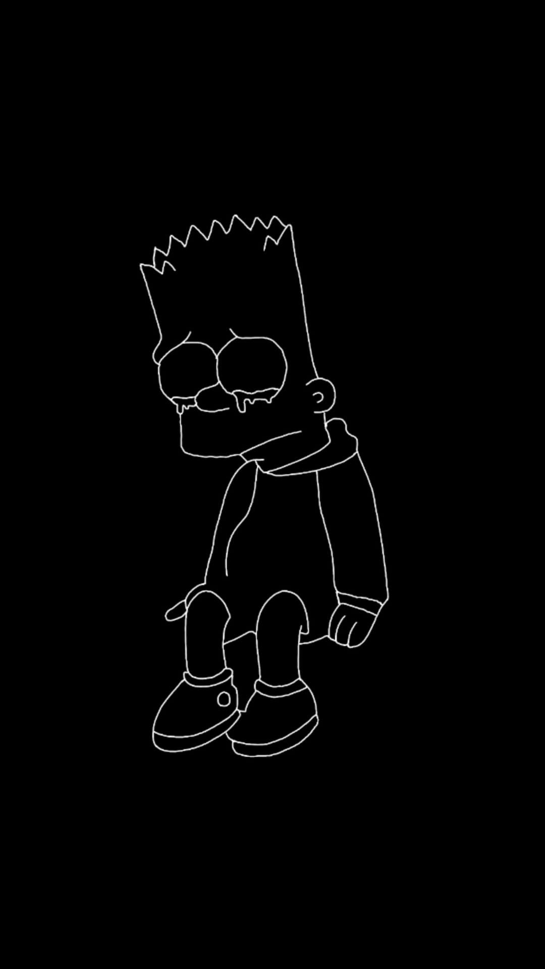 Bart Simpson sits hunched with tears falling, rendered in a minimalist white outline against a solid black background.