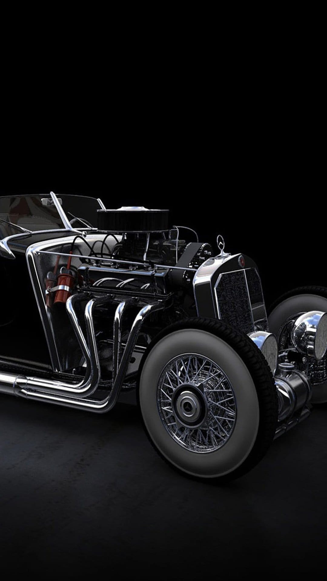 Classic black hot rod with an exposed chrome engine, white-wall tires, and wire wheels on a dark background.