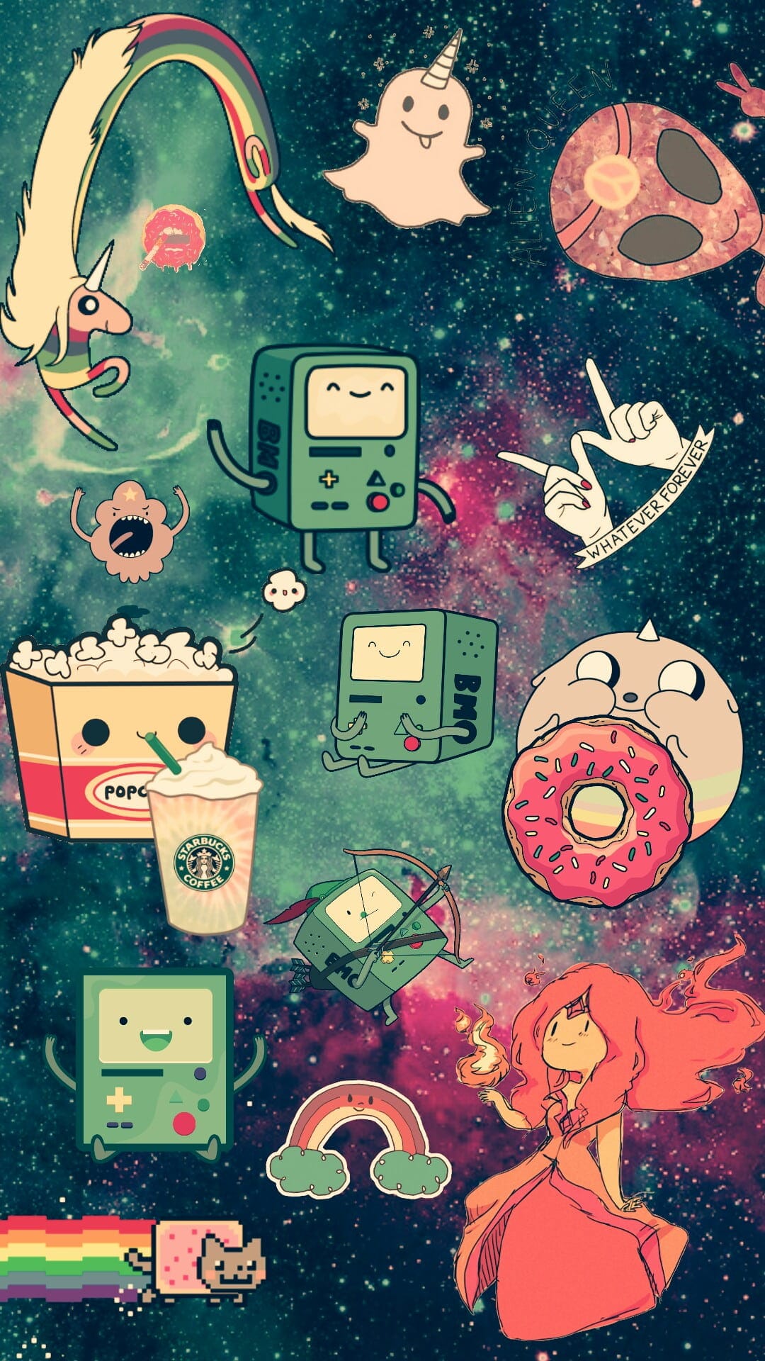 Finn the Human and Jake the Dog float in a purple galaxy beside BMO, Marceline, and Princess Bubblegum.