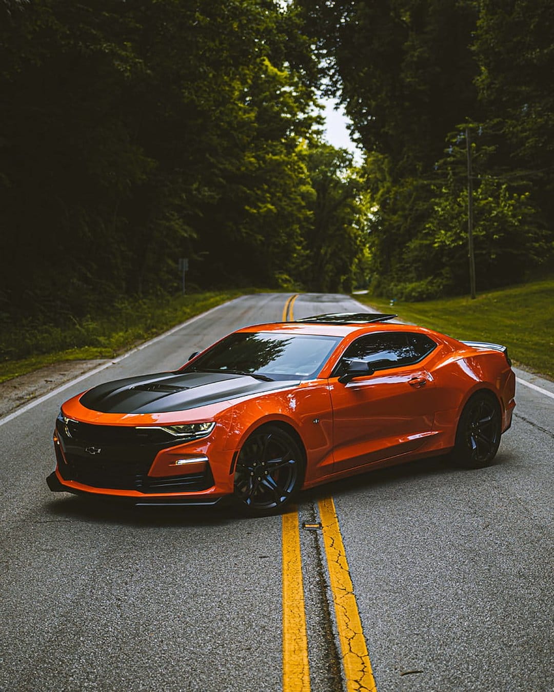 Orange Chevrolet Camaro with a black hood parked on a tree-lined asphalt road with double yellow lines.