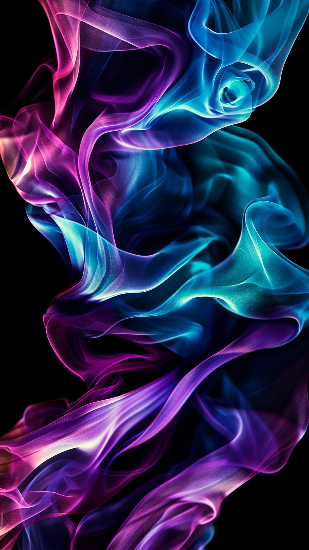 Purple and blue smoke wisps swirl against a black background with soft glowing light and intricate gas textures.