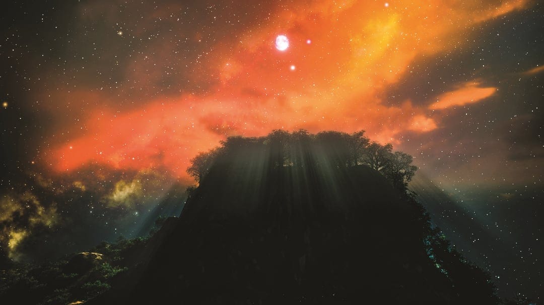 Dark mountain peak silhouette under a swirling orange and yellow cosmic nebula with glowing celestial sunbeams.