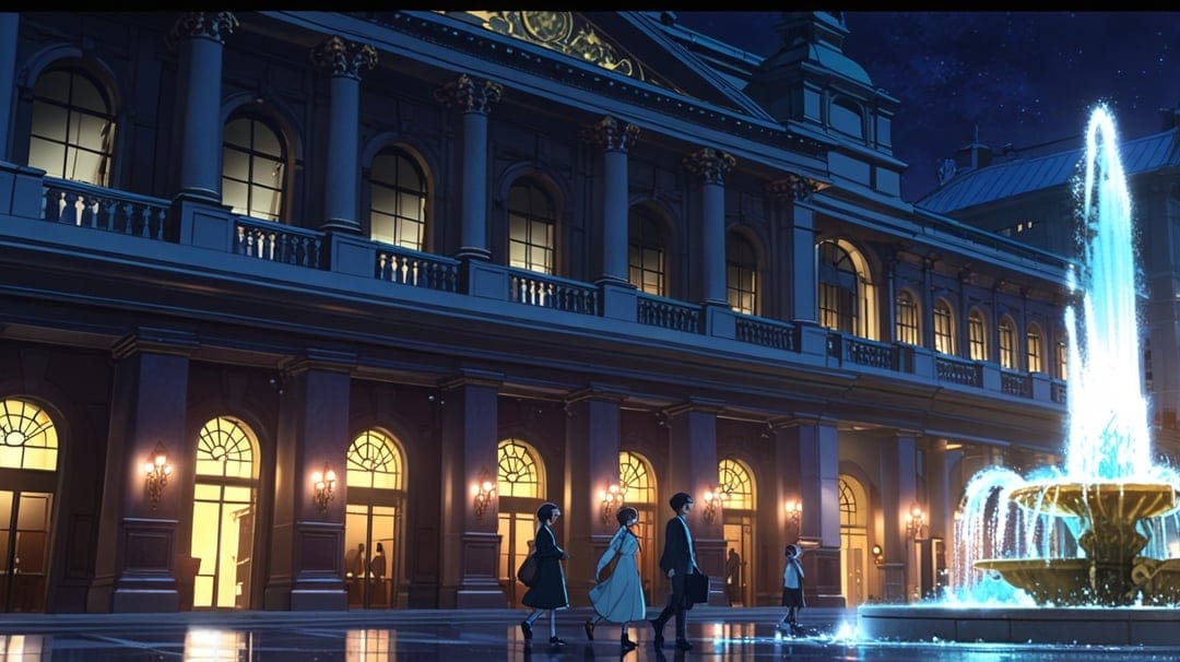 Pedestrians walk past a glowing blue fountain and a grand building with warm lit windows under a dark night sky.
