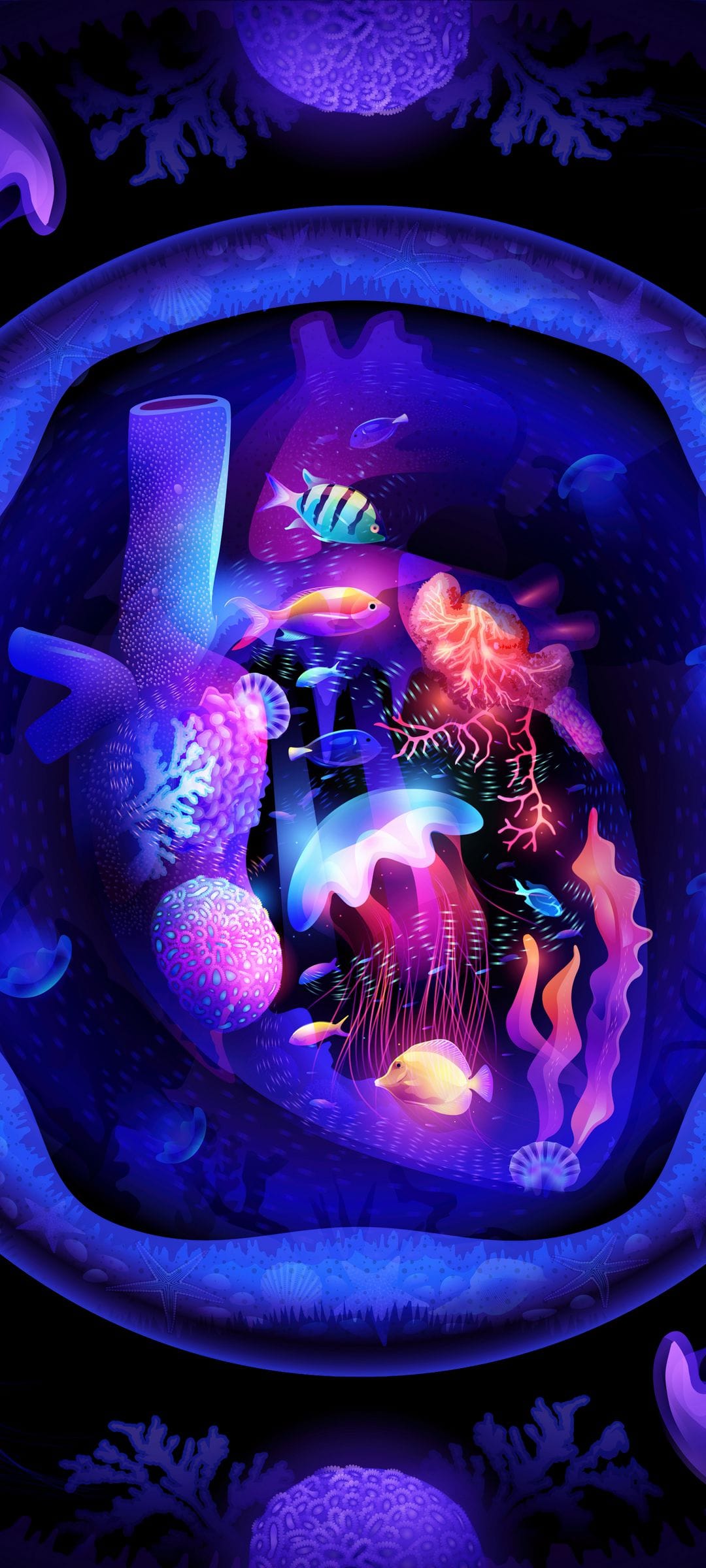 Heart-shaped neon coral reef glows in deep blue water with floating jellyfish and small colorful tropical fish.
