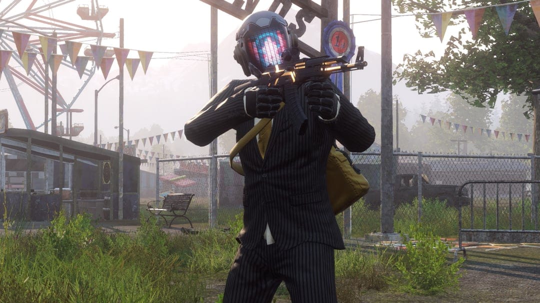 Character in a pinstripe suit and LED helmet aims a glowing rifle in an abandoned, sunny carnival.