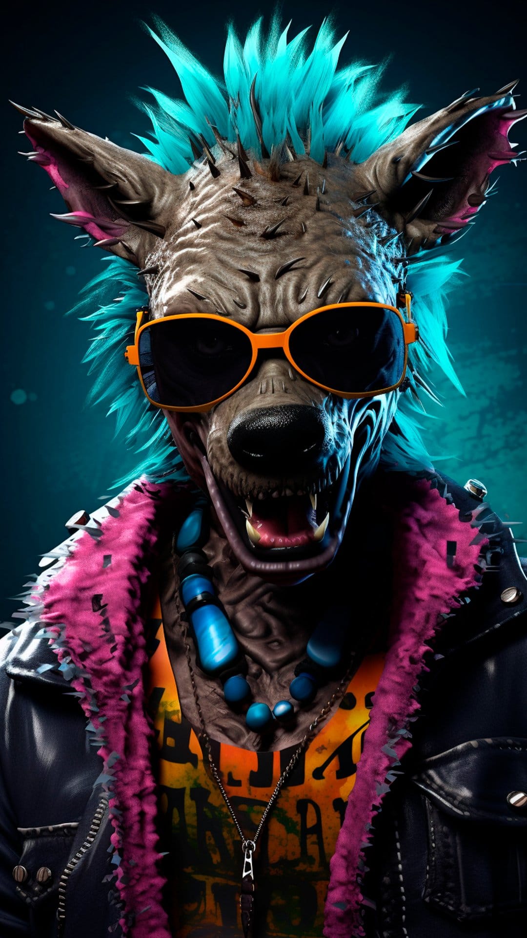 Punk hyena with turquoise hair, orange sunglasses, and a black leather jacket against a dark background.