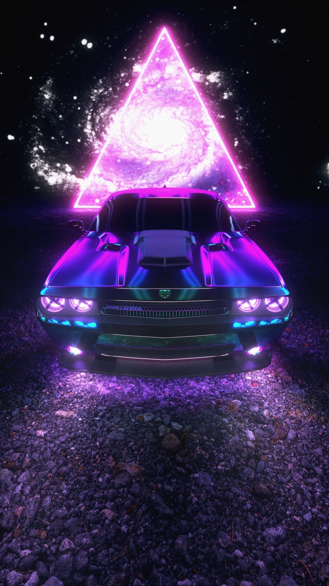 Dodge Challenger with glowing headlights on rocky ground before a triangular neon pink and purple galaxy portal.