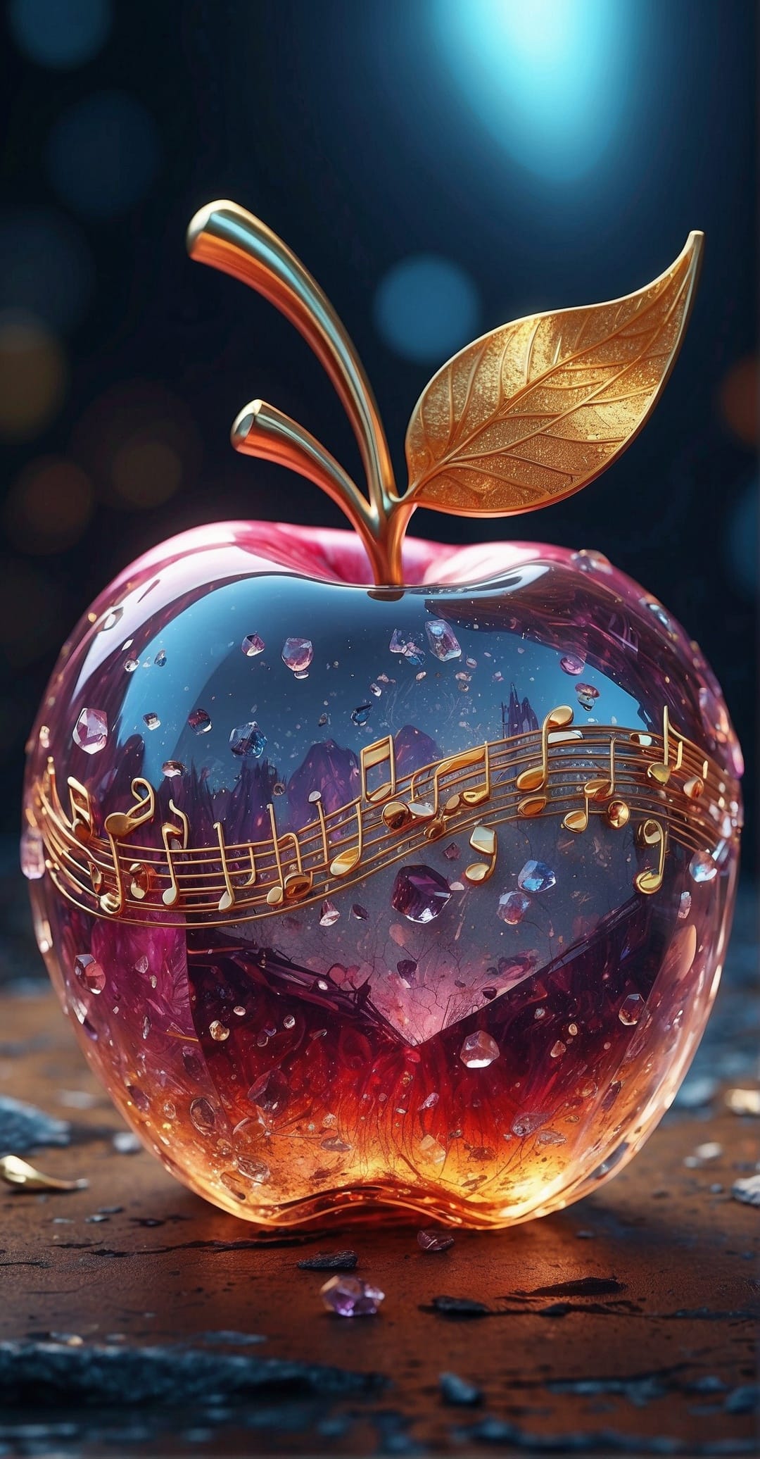 Crystalline apple with a golden stem and musical staff spiraling around its glowing, translucent glass surface.