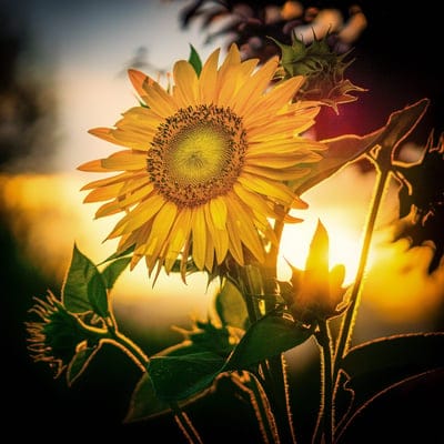 Sunflower in full bloom with backlit yellow petals and a textured seed head against a blurred sunset sky.