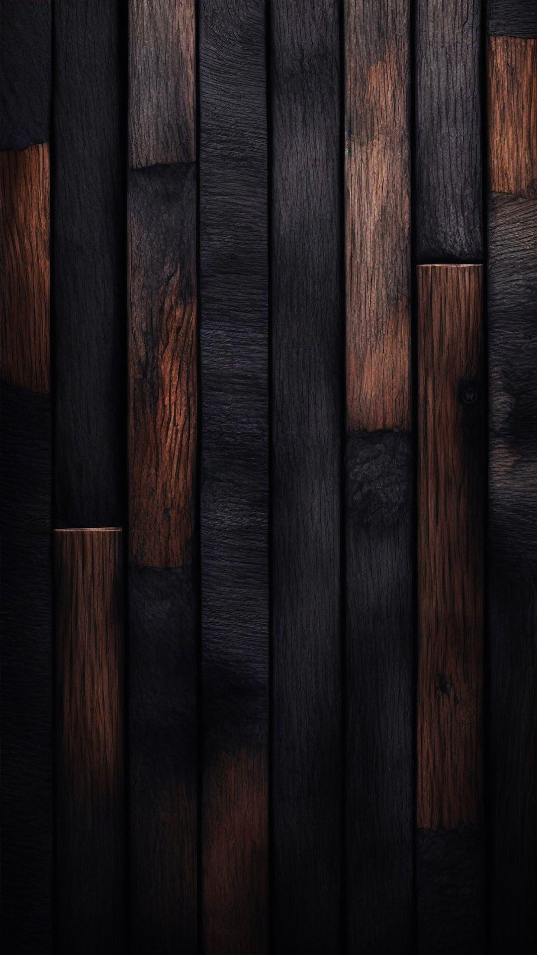 Vertical wooden planks featuring dark charcoal finishes contrasted with rich brown grain and natural timber knots.