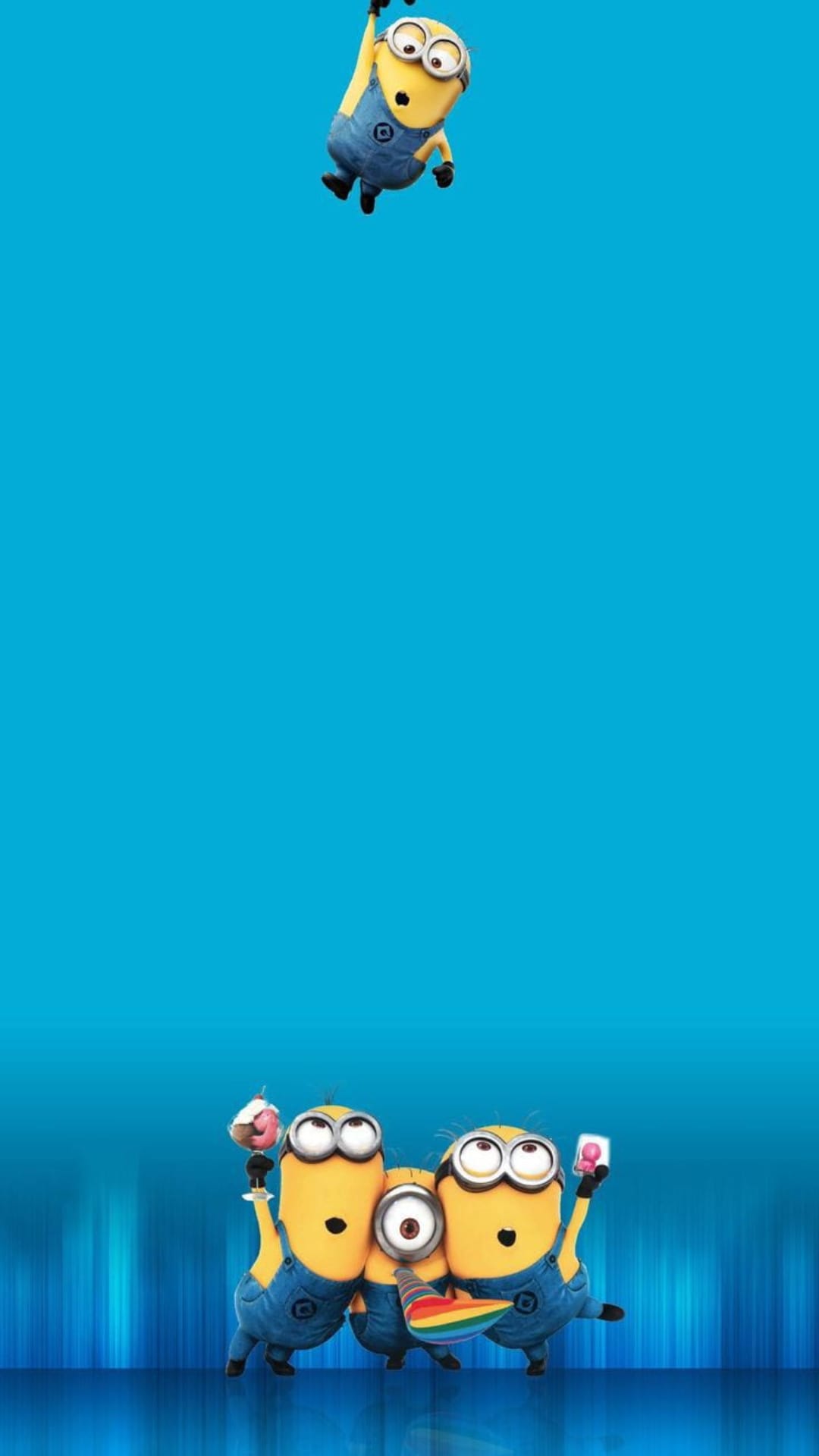 Yellow Minions play against a blue backdrop, one hanging from above while others gather with treats below.