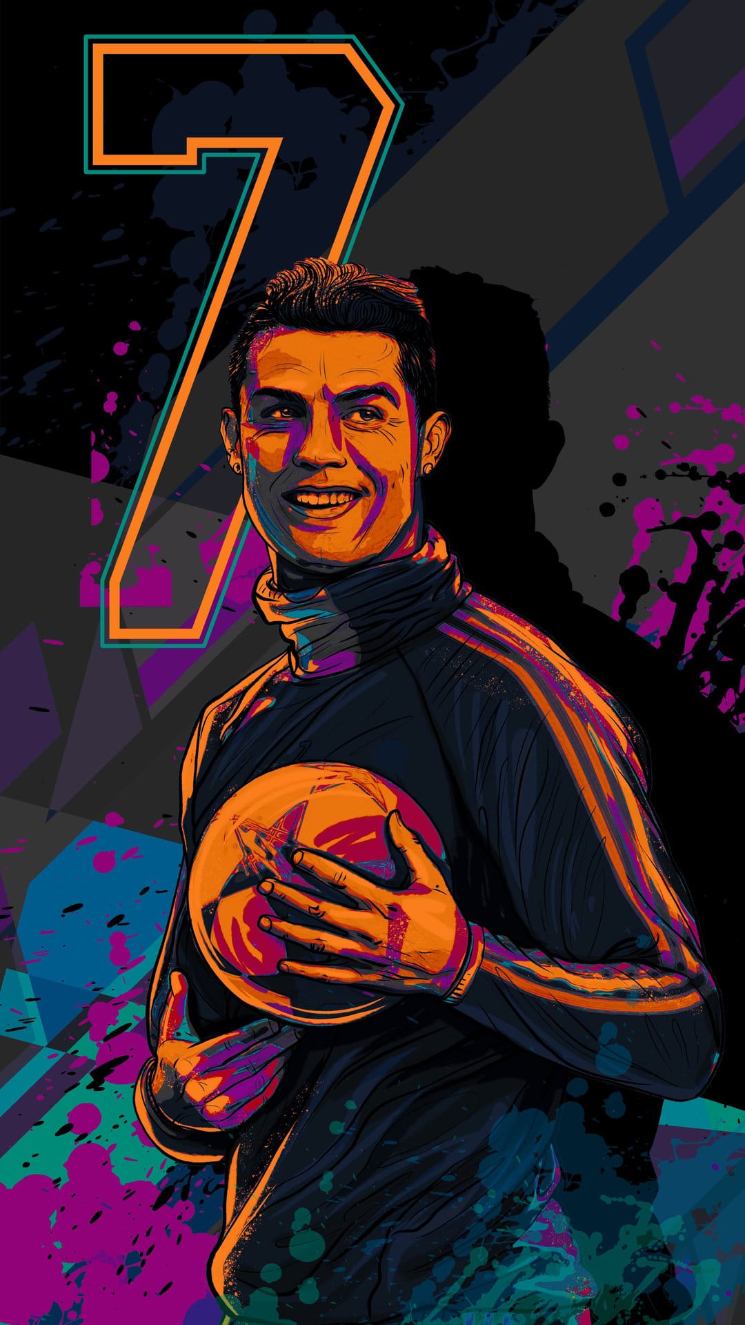 Cristiano Ronaldo holds a soccer ball with intense focus surrounded by neon orange and purple light splashes.