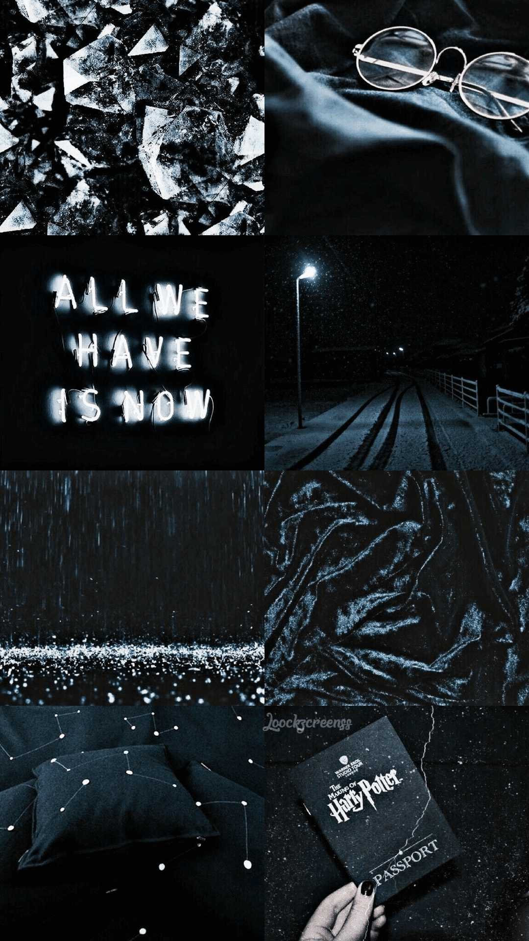 Glowing neon sign saying All We Have Is Now among ice shards, a snowy streetlamp, and star constellation bedding.