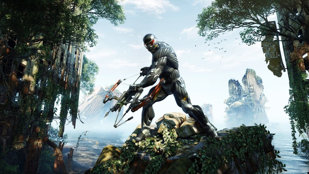 Soldier in a futuristic nanosuit holding a bow on a rocky outcrop in a lush, overgrown city ruin at daytime.