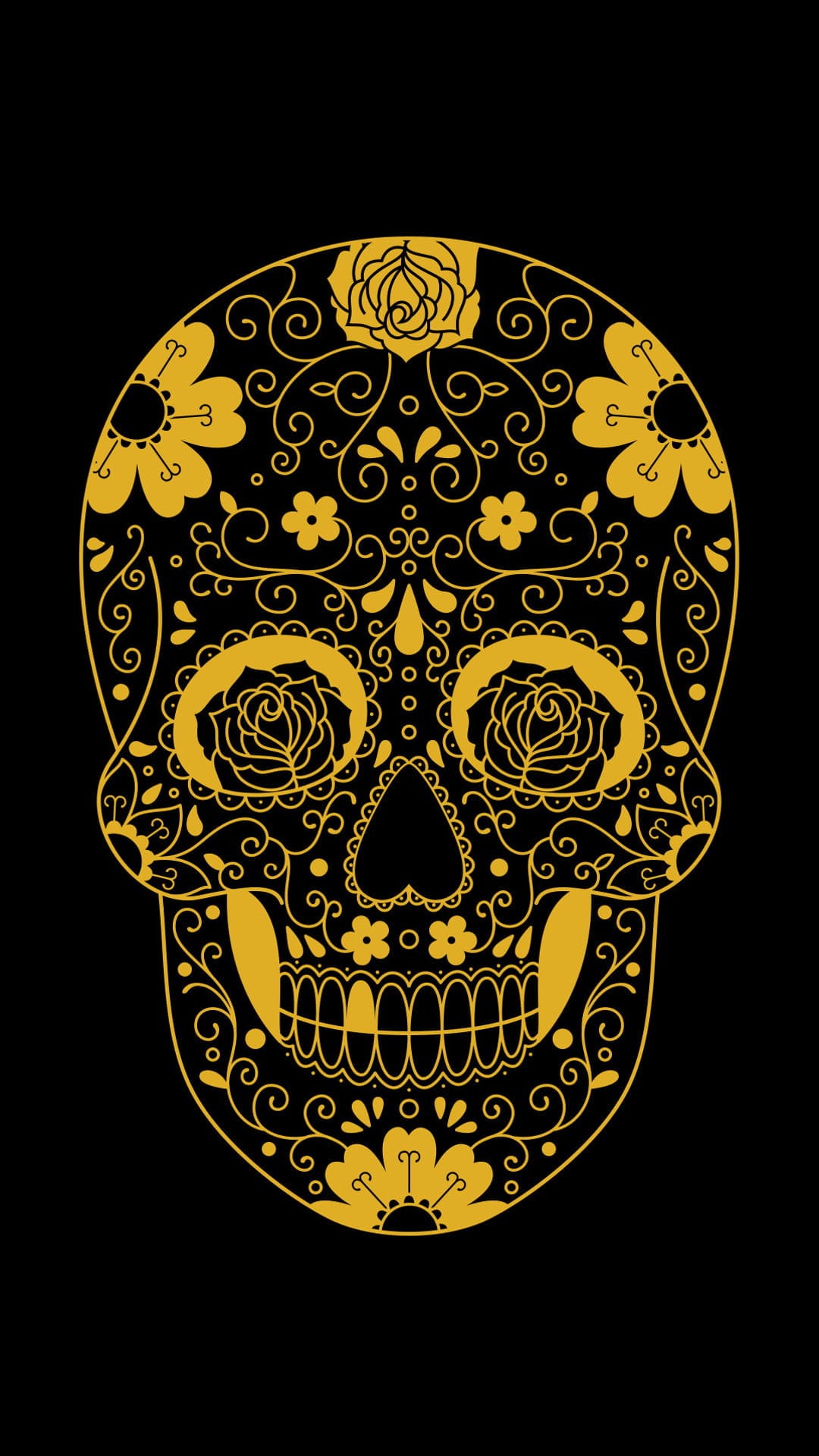Golden sugar skull with intricate floral carvings and roses in the eye sockets over a solid black background.