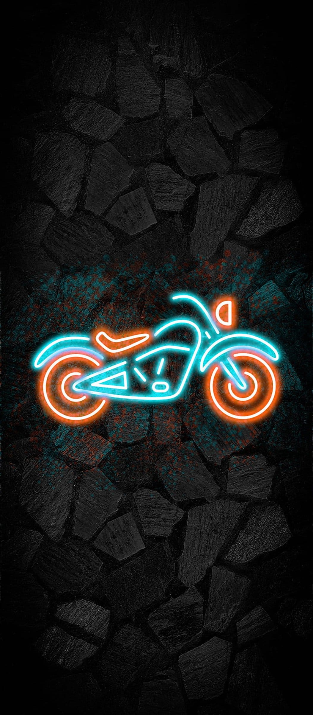 Neon blue and orange motorcycle silhouette glowing against a dark, rugged stone wall with visible texture.
