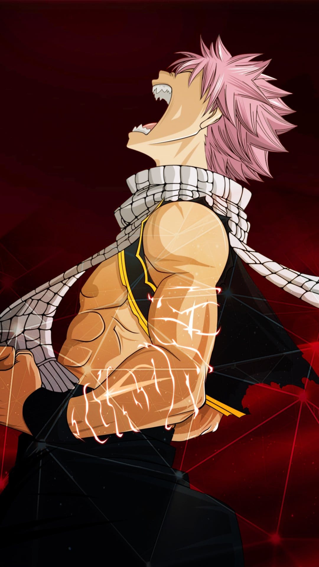 Natsu Dragneel screams with spiky pink hair and glowing arm energy against a dark red atmospheric backdrop.