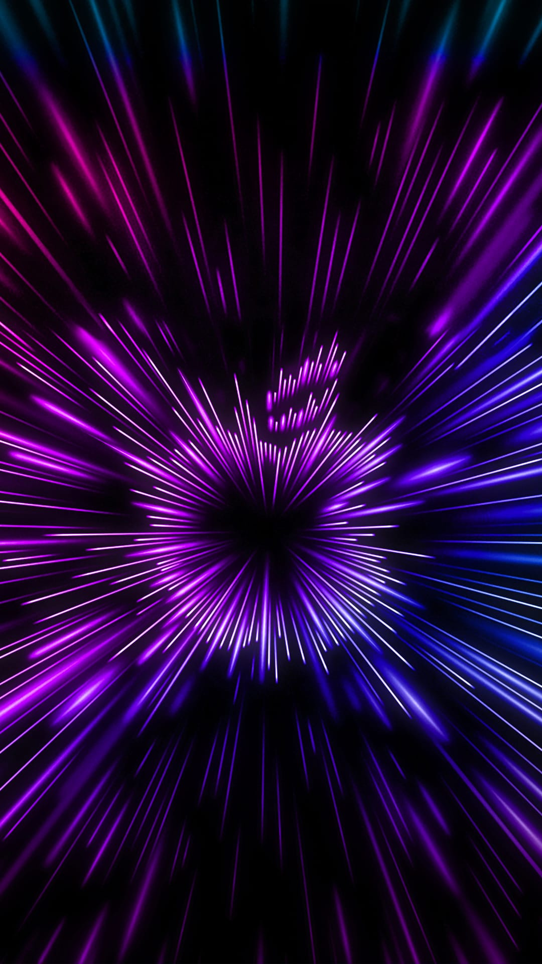 Apple logo emitting magenta and blue neon light streaks against a dark cosmic background for a phone screen.