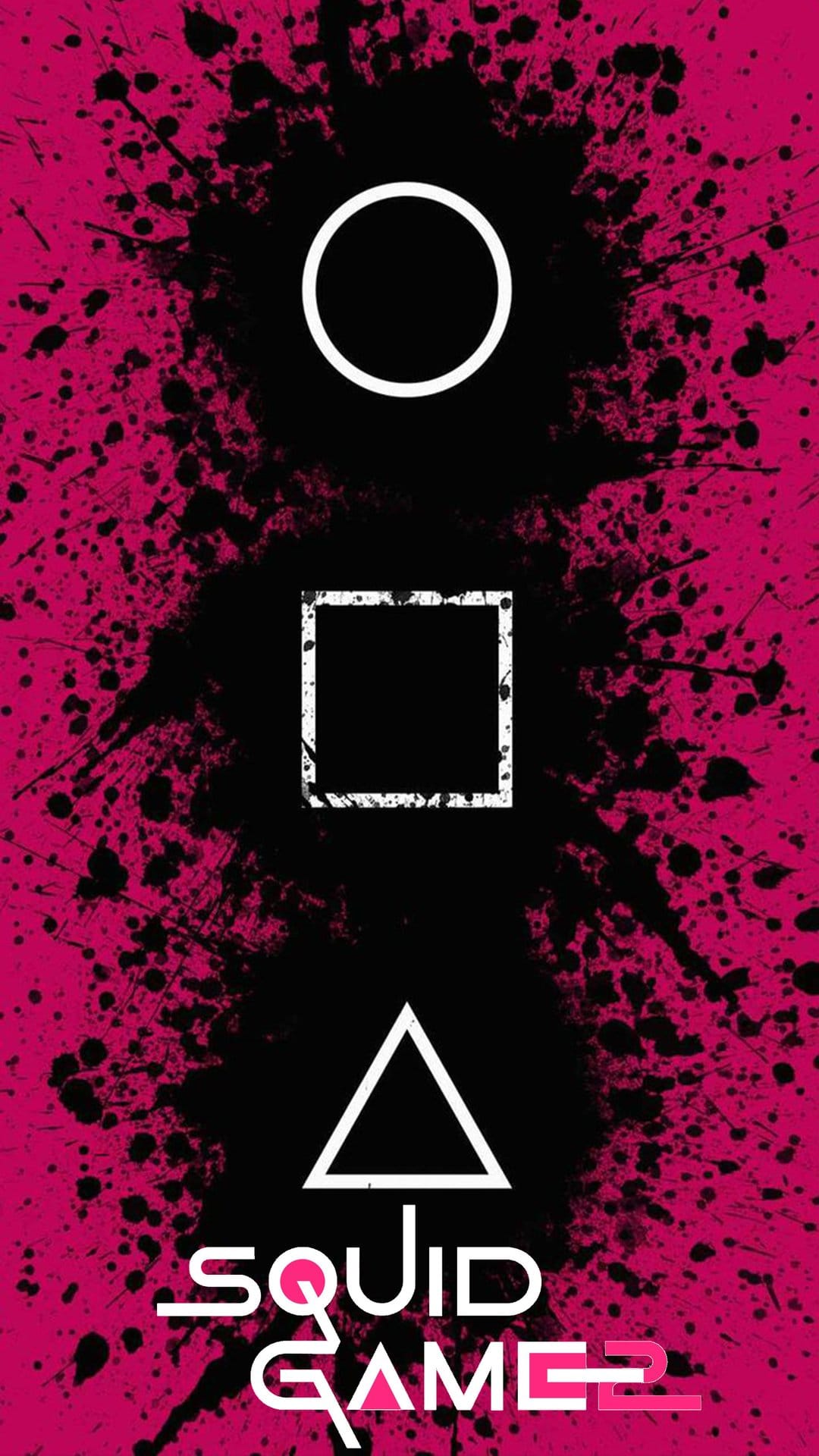 Pink geometric symbols and black paint splatters surround white Squid Game 2 lettering on a dark backdrop.