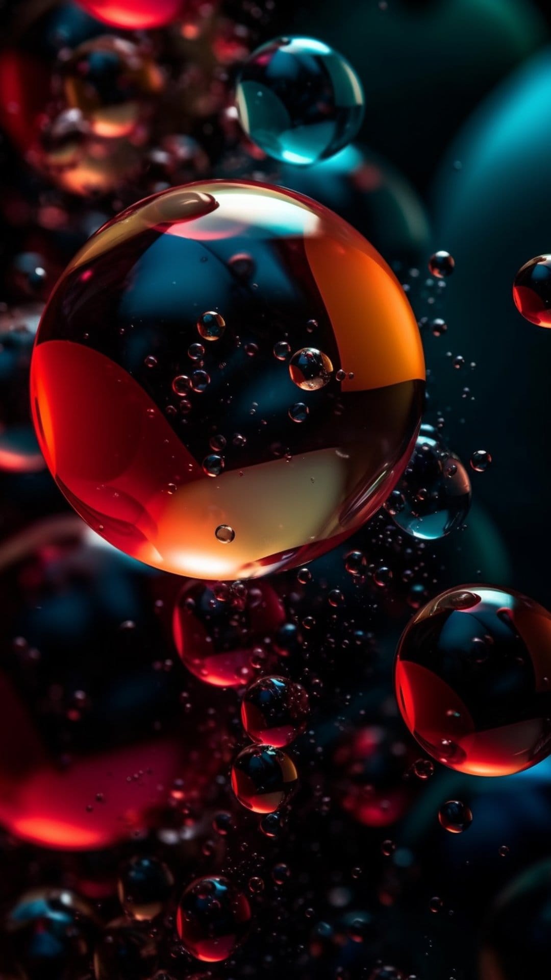Spherical liquid orbs shimmer with crimson and azure light, creating a prismatic macro scene of reflections.