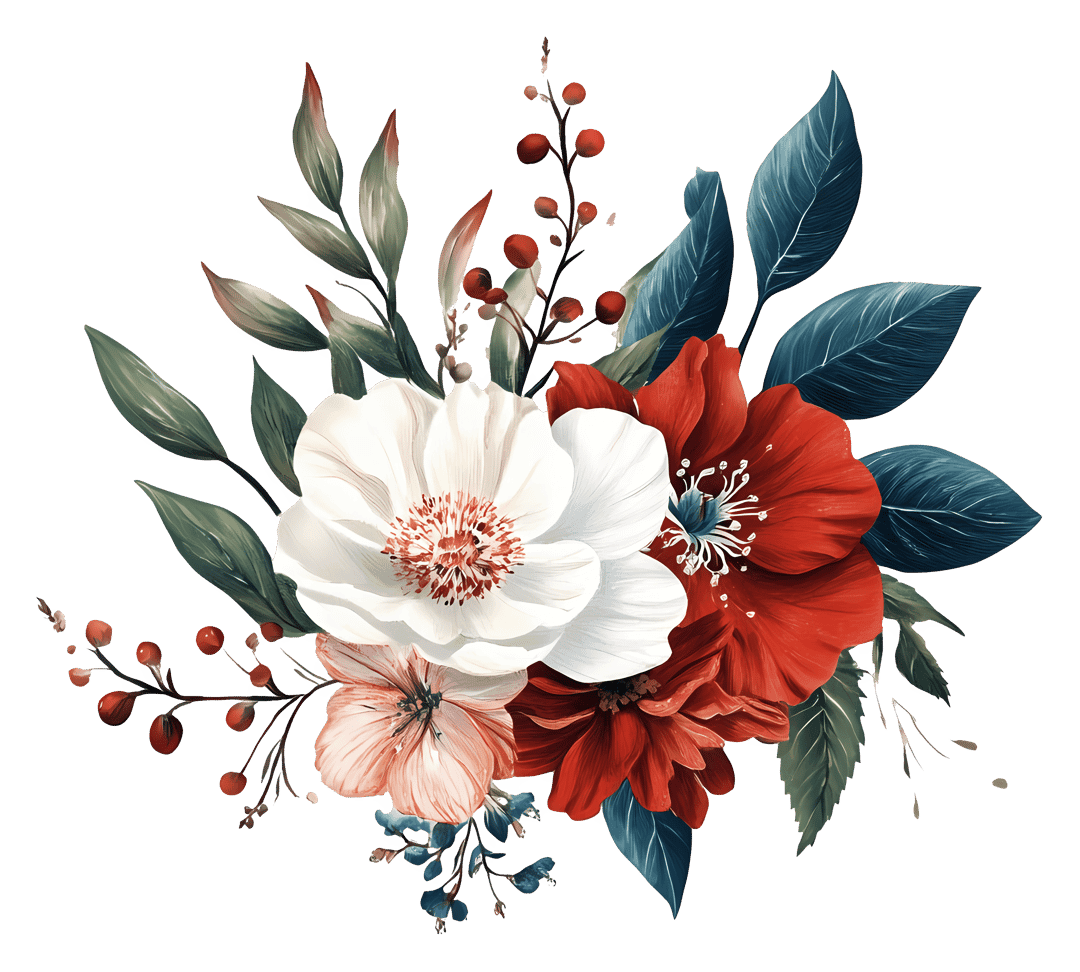 Artistic floral bouquet featuring diverse blossoms and green foliage with soft watercolor textures and petals.
