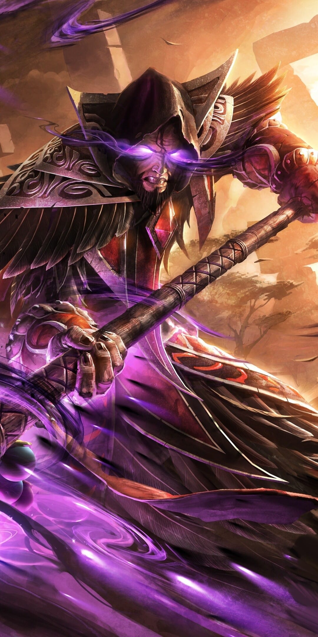 Hooded wizard with glowing purple eyes wielding a magical staff amidst swirling violet energy and feathers.