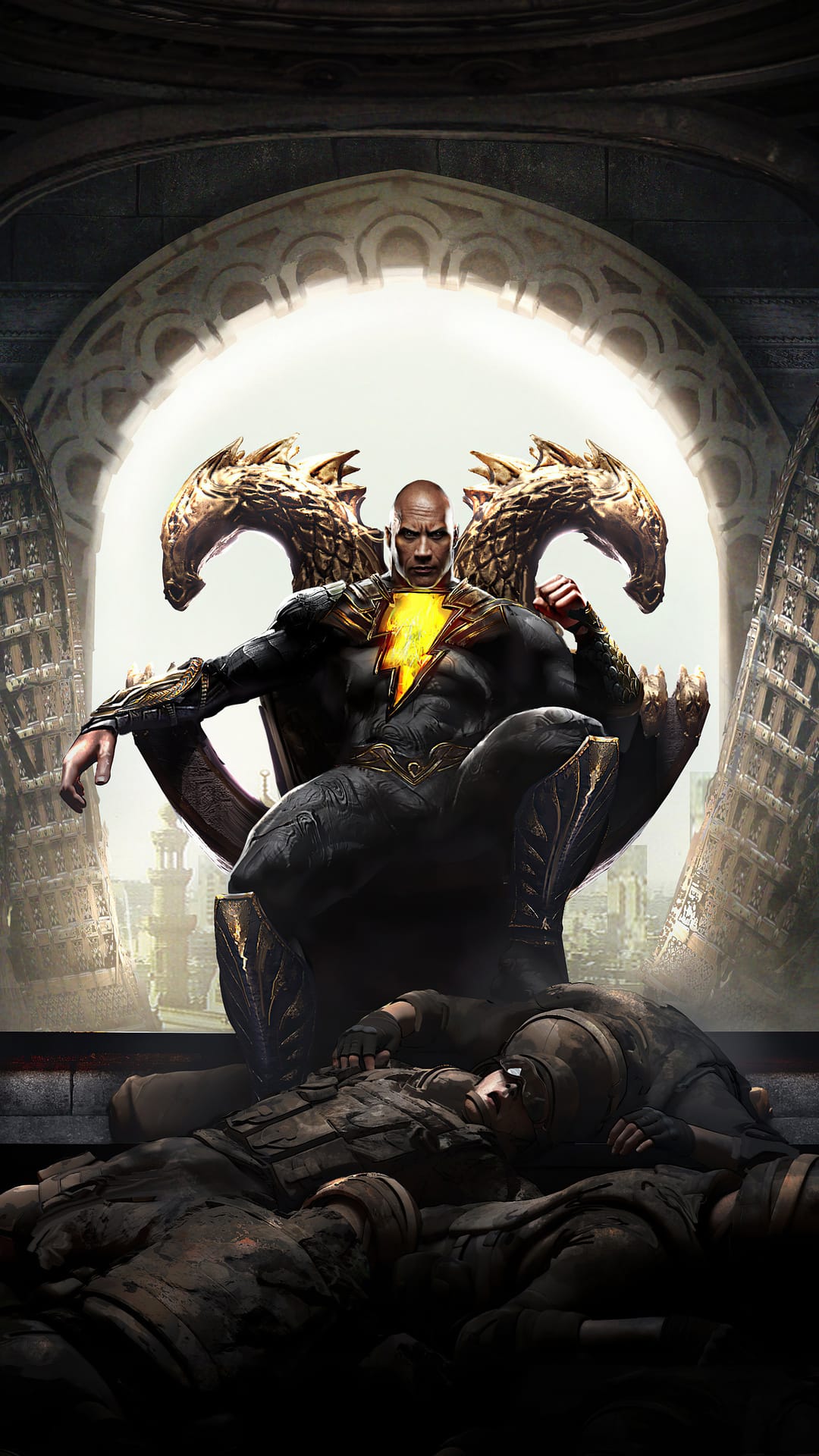 Black Adam in a gold-trimmed suit sits on a dragon throne over defeated soldiers near a ruined archway.