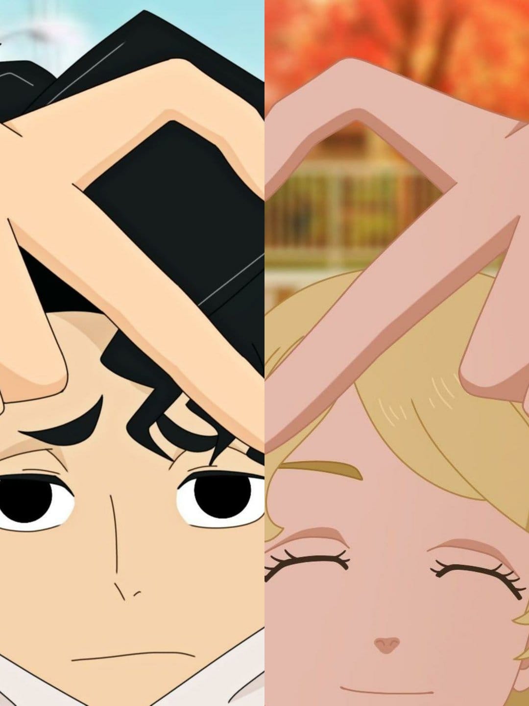 Anime boy and girl raise their arms to complete a symmetrical heart gesture across a split-screen layout.
