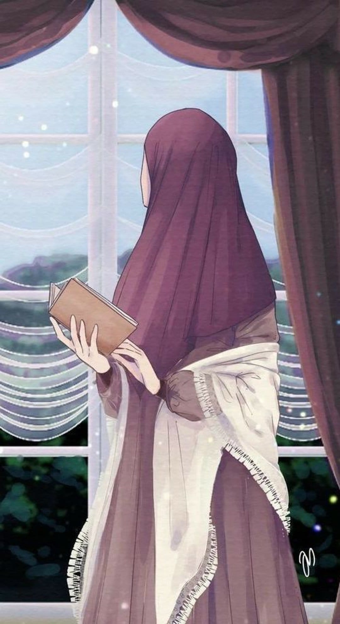 Woman in a purple hijab and white shawl holds an open book by a window overlooking a starry night sky.