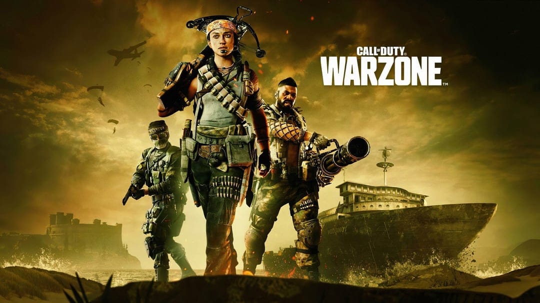 Samantha Maxis and military operators stand before a shipwreck under a hazy golden sky in this gaming scene.