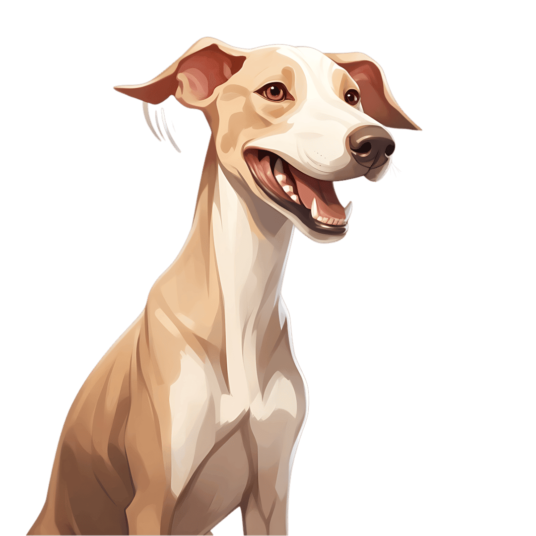 Whippet dog illustration featuring a light tan coat, white facial blaze, open mouth, and alert perked ears.