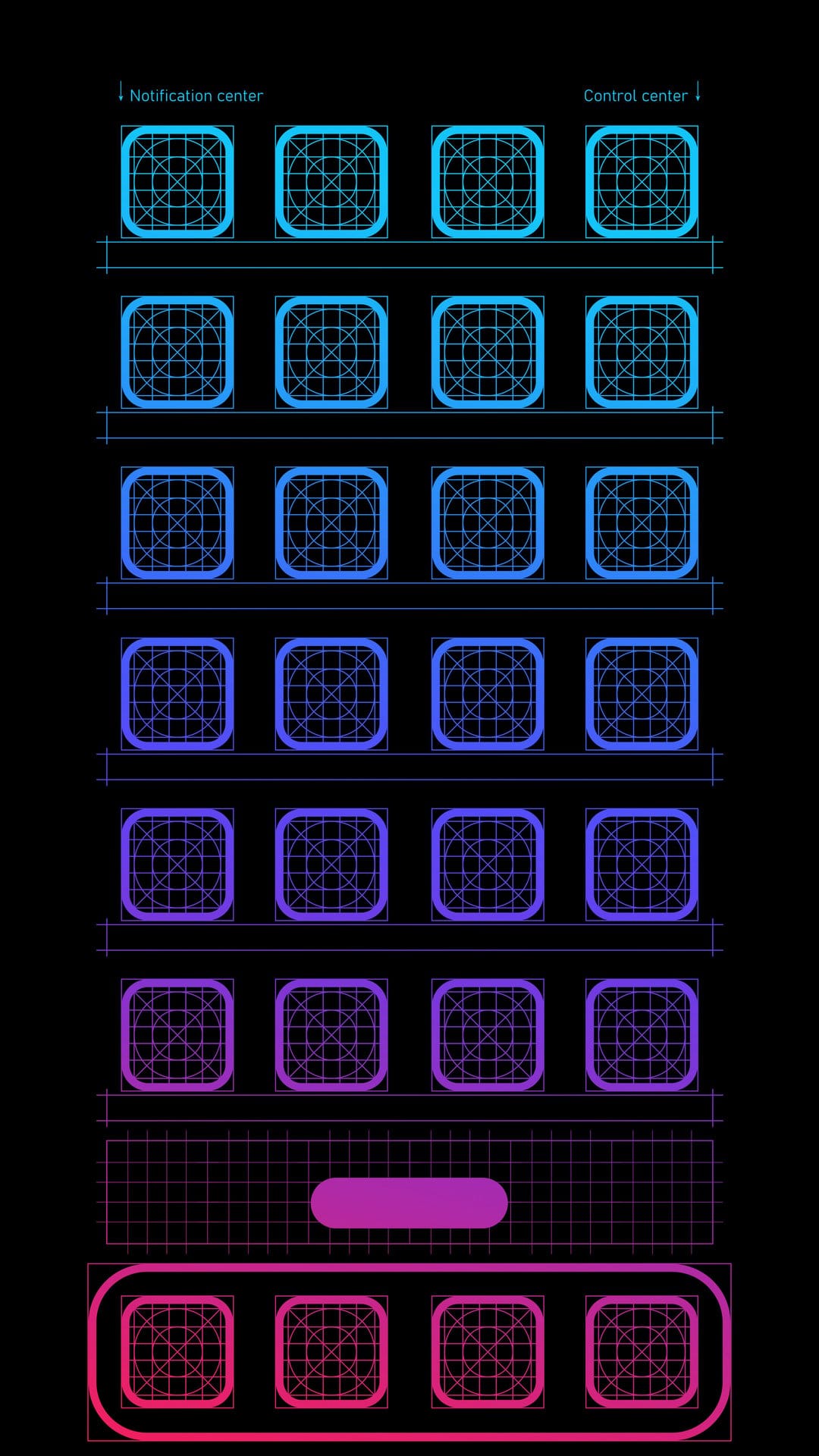 Neon blue and purple grid of wireframe app icons on a dark screen with top and bottom interface bars.