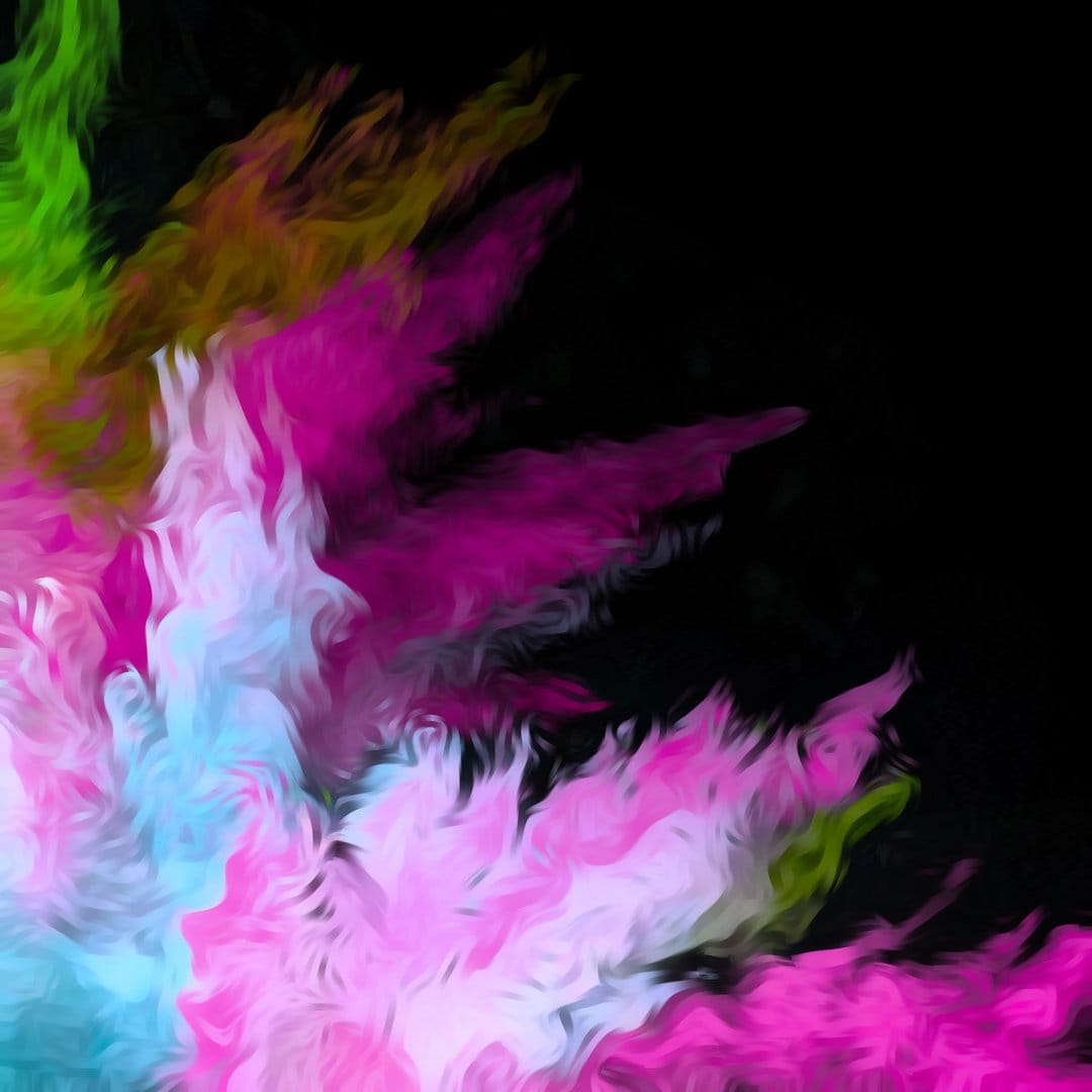 Pink and yellow pigment clouds collide with blue and green powder streaks against a dark vertical background.