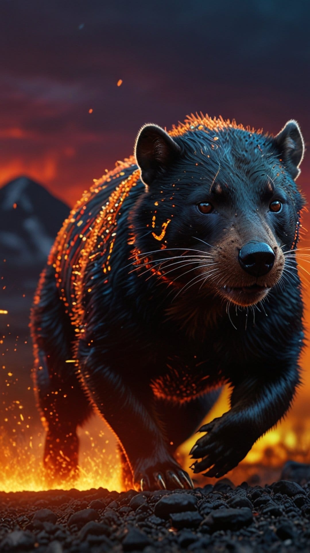 Tasmanian devil strides forward through orange flames and flying sparks against a dark volcanic rock backdrop.