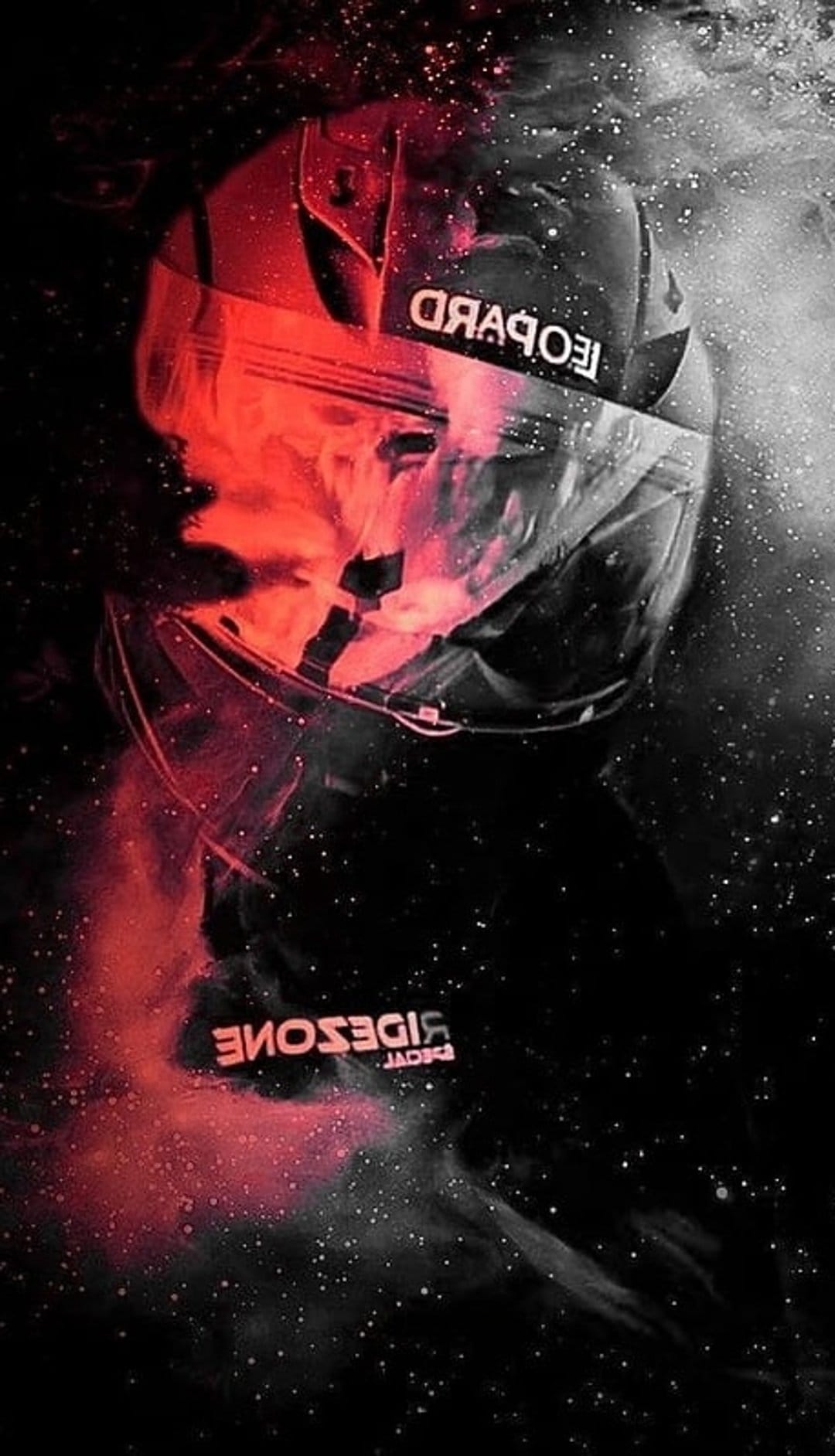 Red and black Leopard motorcycle helmet featuring a starry nebula background and Sidesome chin bar branding.
