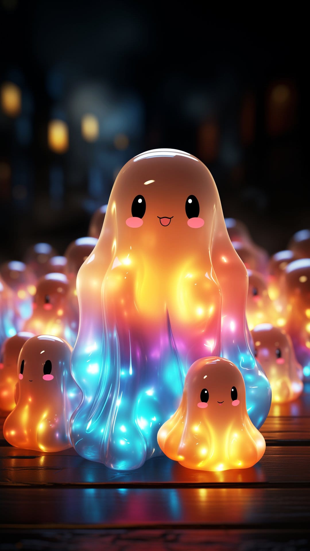 Smiling translucent ghost figures glowing with orange and purple lights against a dark, blurred bokeh background.
