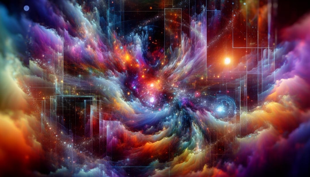 Interstellar cosmic nebula featuring swirling violet gas clouds and bright white stars in deep space.