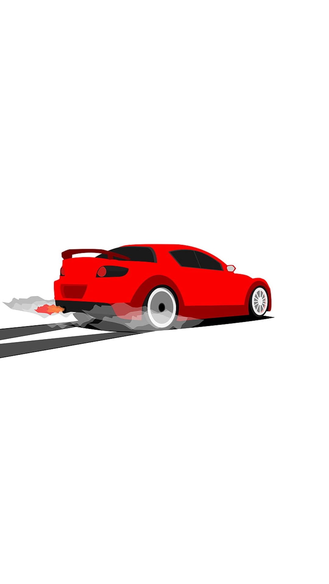 Red sports car drifting with thick tire smoke and orange exhaust flames against a white background with skid marks.