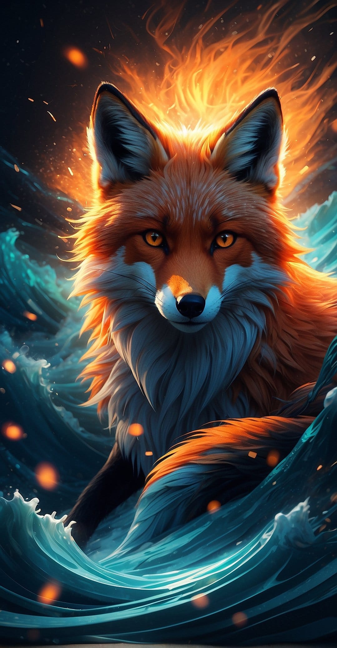 Red fox with a mane of orange fire and glowing eyes emerges from a swirling vortex of deep blue water and embers.