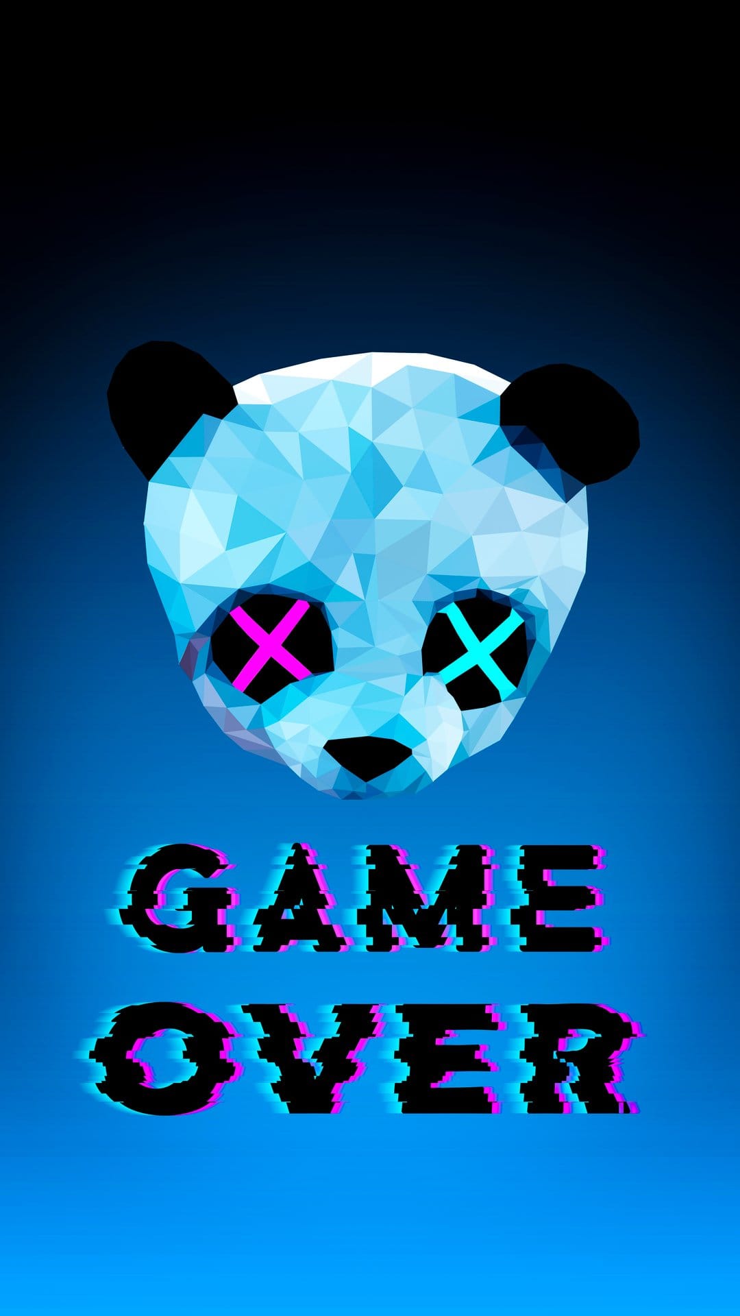 Low-poly panda with glowing neon X eyes and distorted game over text over a vibrant blue gradient background.